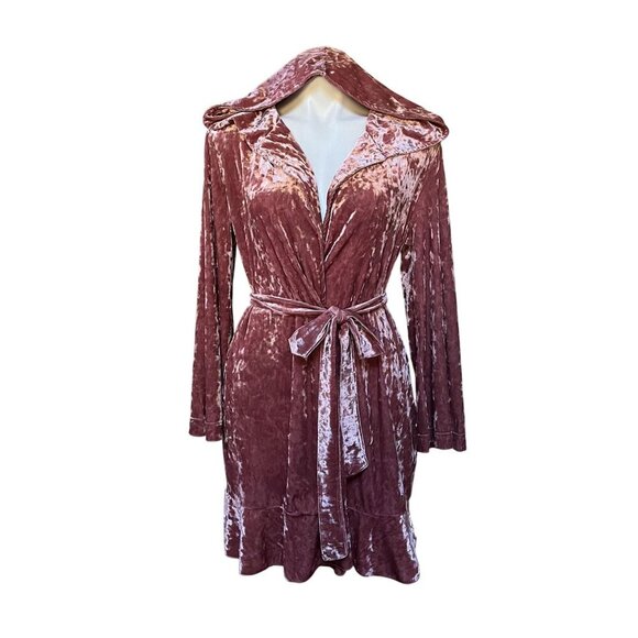 Betsey Johnson Crushed Velvet Hooded Robe Tie Belt Kimono Sleeve Blush Pink XS/S